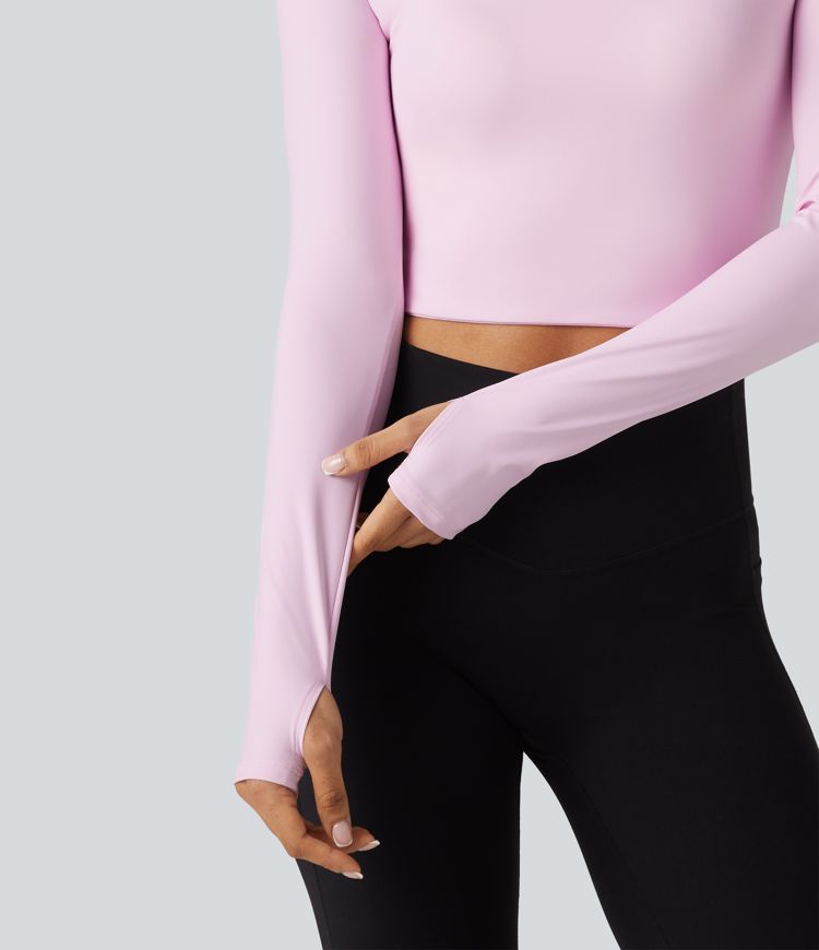 Asymmetric Neck Non-Removable Pad Long Sleeve Thumb Hole Cropped Yoga Sports Top
