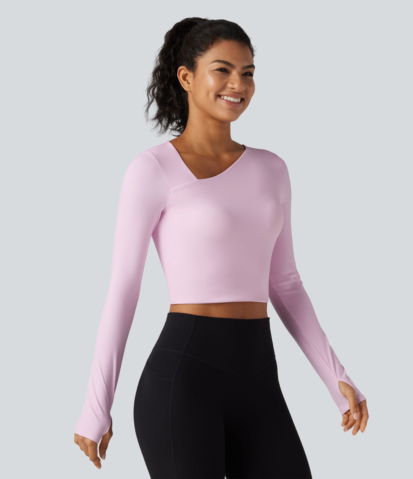 Asymmetric Neck Non-Removable Pad Long Sleeve Thumb Hole Cropped Yoga Sports Top