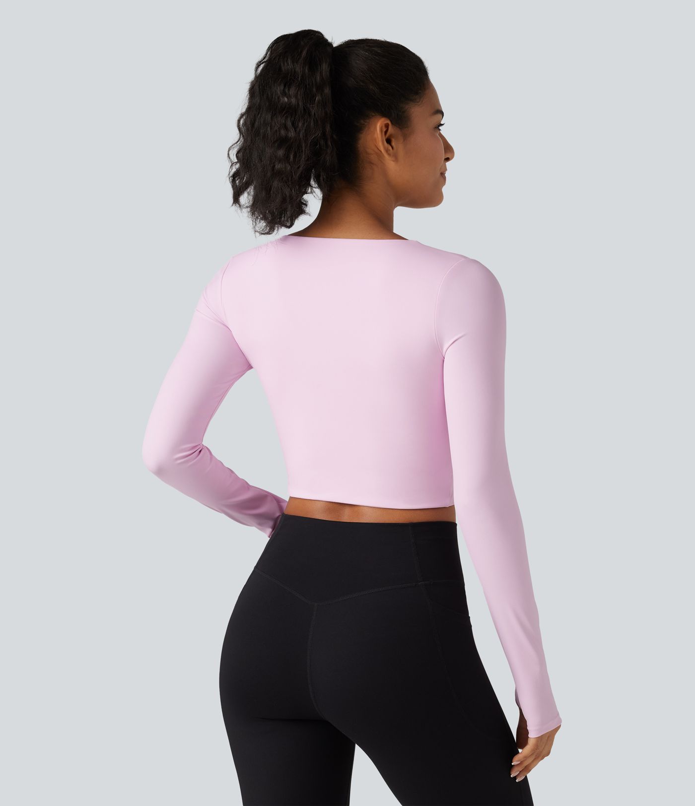 Asymmetric Neck Non-Removable Pad Long Sleeve Thumb Hole Cropped Yoga Sports Top