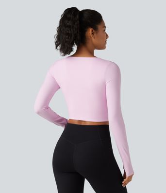 Asymmetric Neck Non-Removable Pad Long Sleeve Thumb Hole Cropped Yoga Sports Top