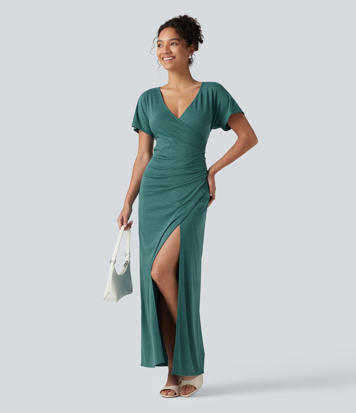 V-neck Batwing Sleeve Ruched Split Maxi Casual Bodycon Dress