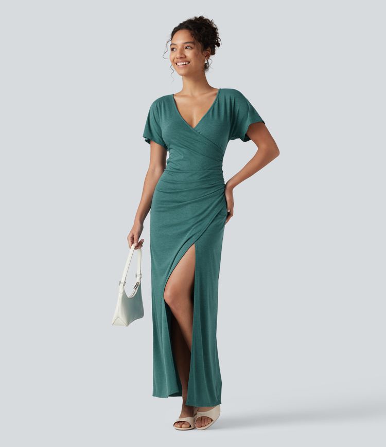 V-neck Batwing Sleeve Ruched Split Maxi Casual Bodycon Dress