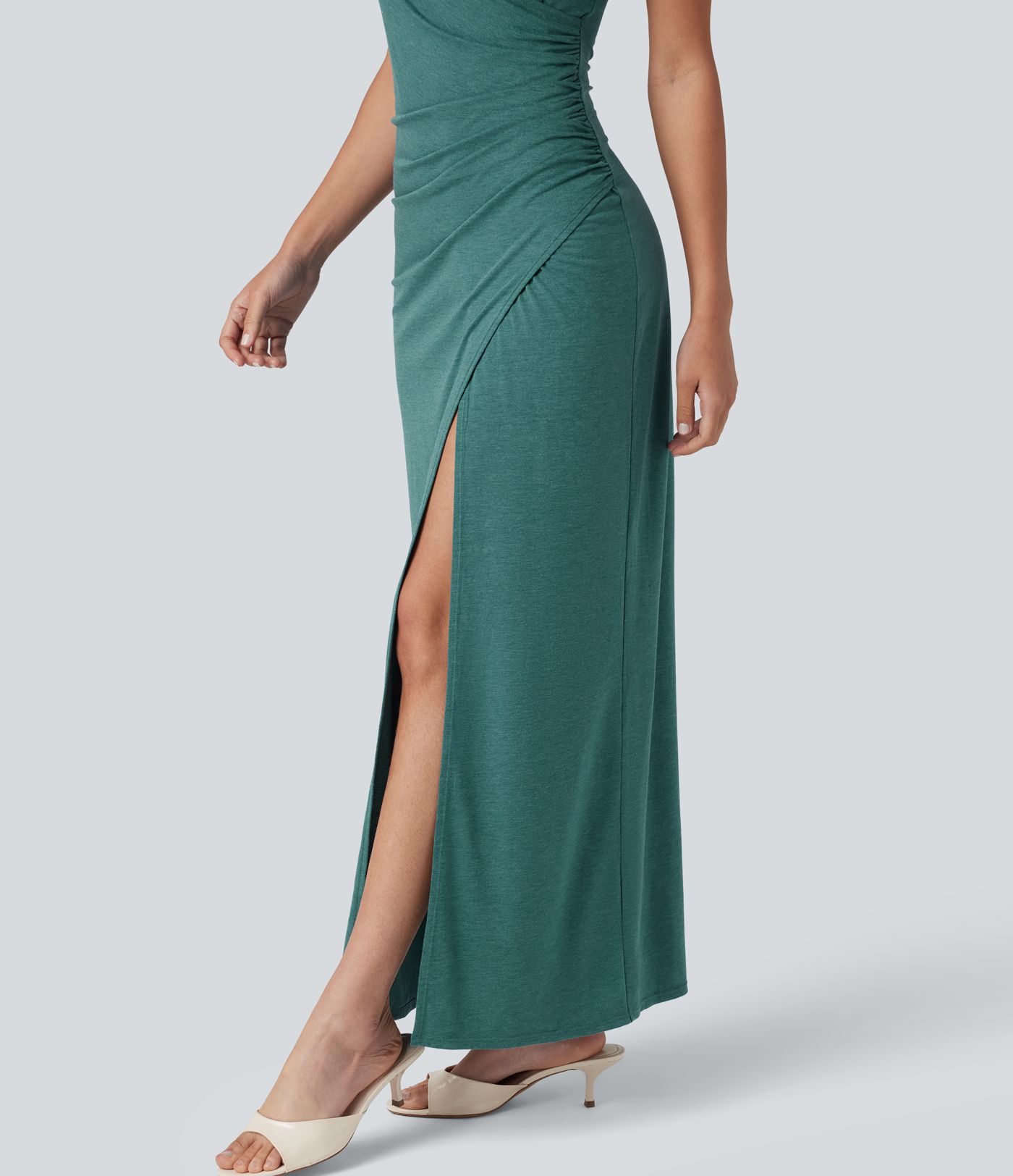 V-neck Batwing Sleeve Ruched Split Maxi Casual Bodycon Dress