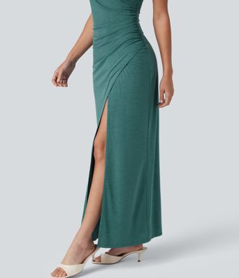 V-neck Batwing Sleeve Ruched Split Maxi Casual Bodycon Dress