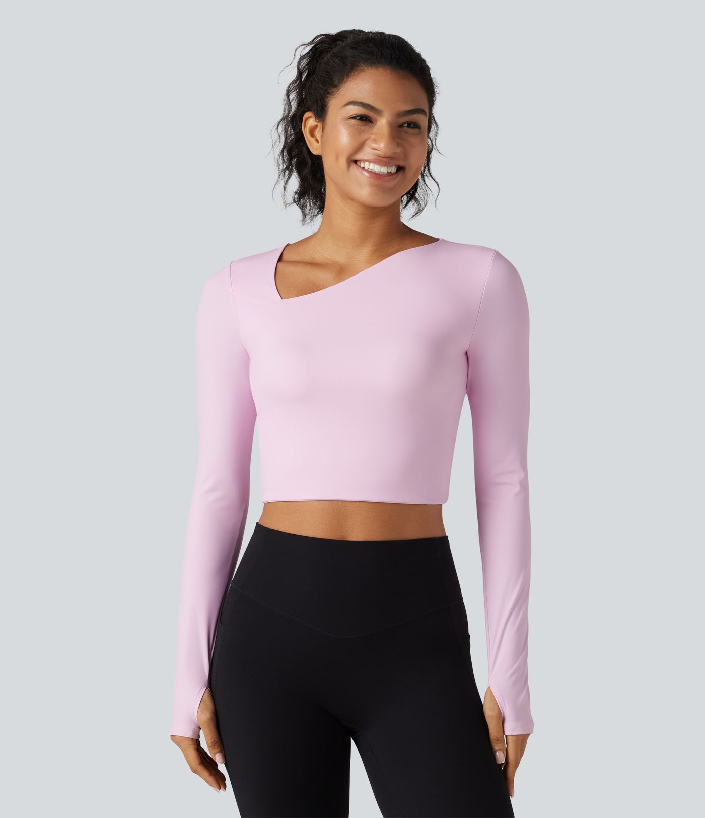 Asymmetric Neck Non-Removable Pad Long Sleeve Thumb Hole Cropped Yoga Sports Top