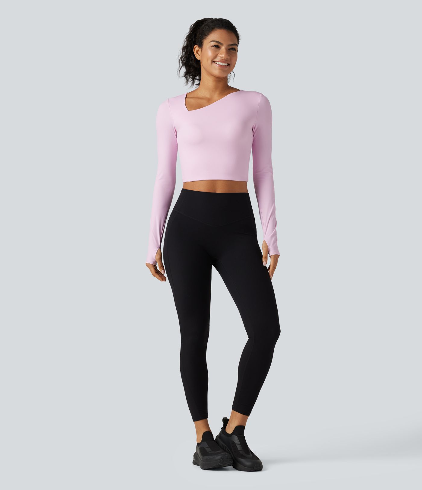 Asymmetric Neck Non-Removable Pad Long Sleeve Thumb Hole Cropped Yoga Sports Top