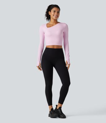 Asymmetric Neck Non-Removable Pad Long Sleeve Thumb Hole Cropped Yoga Sports Top