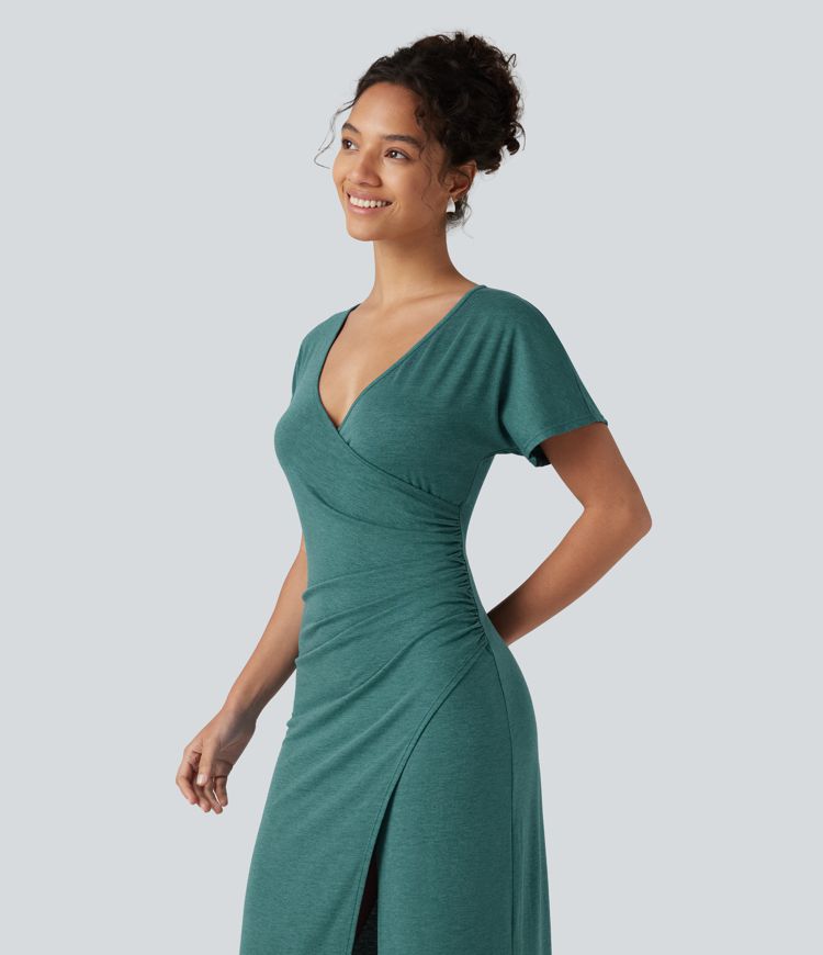 V-neck Batwing Sleeve Ruched Split Maxi Casual Bodycon Dress