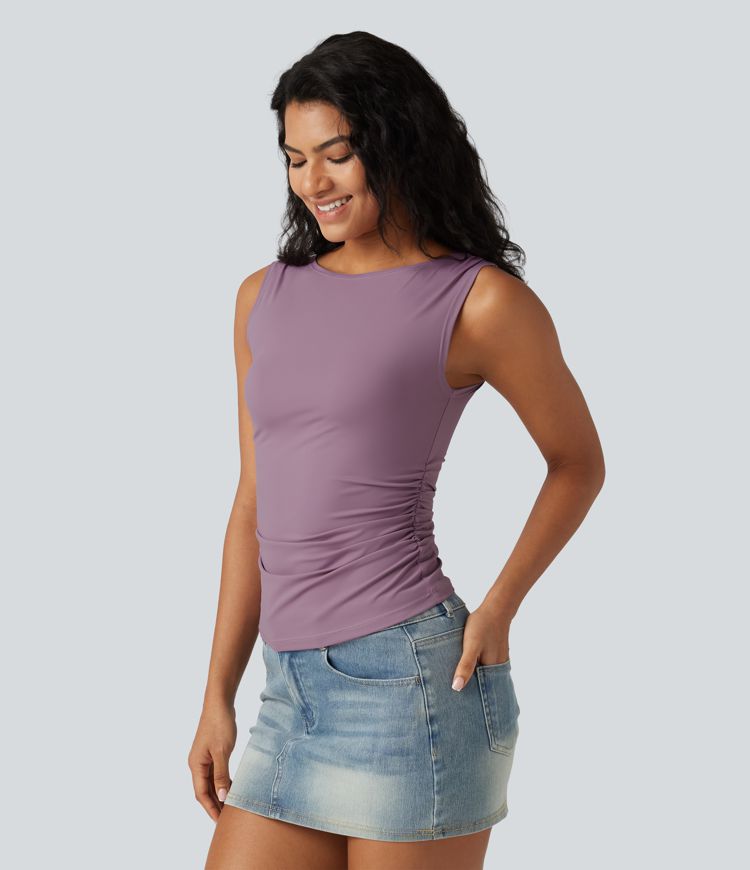 Boat Neck Ruched Casual Tank Top