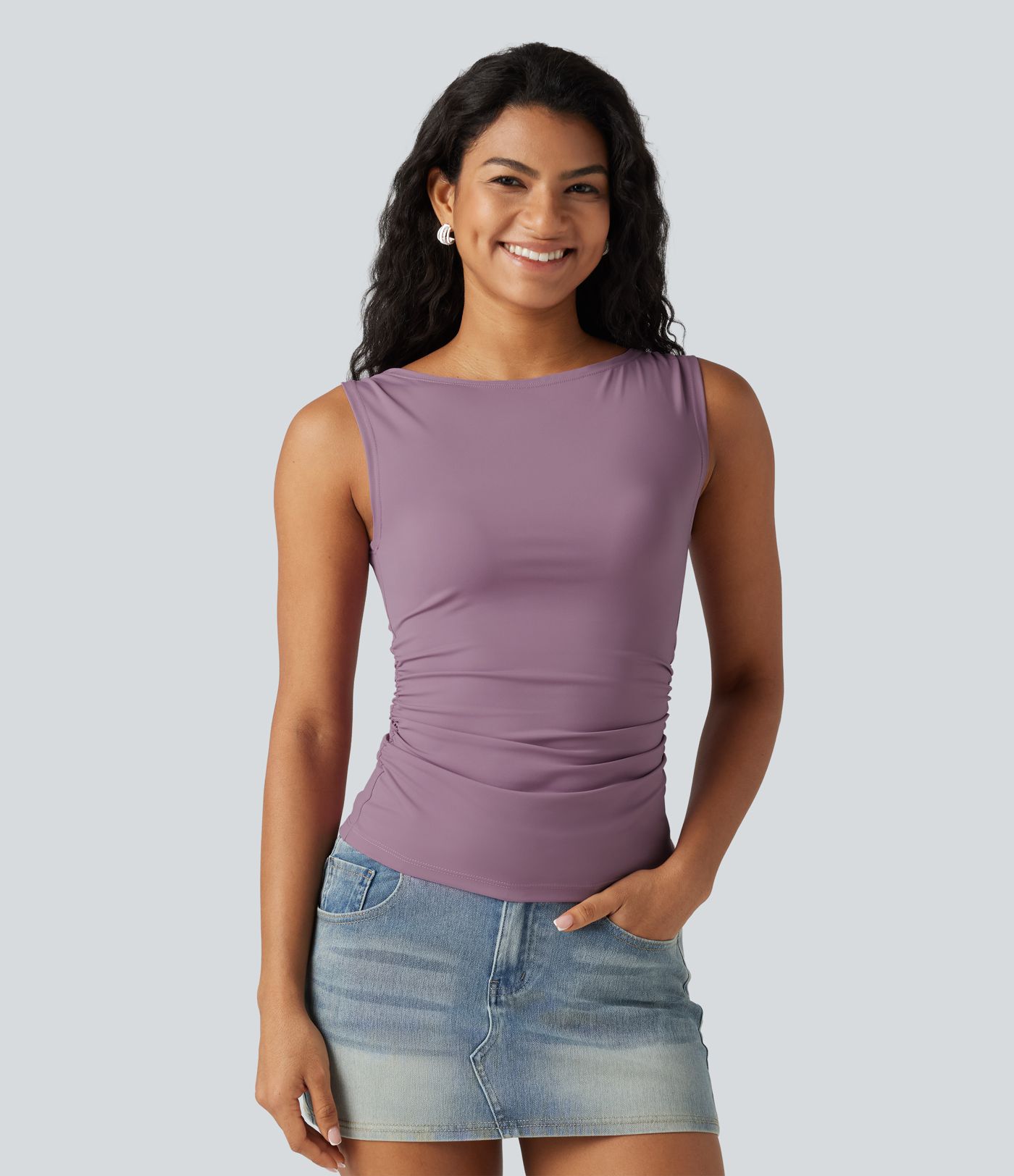 Boat Neck Ruched Casual Tank Top