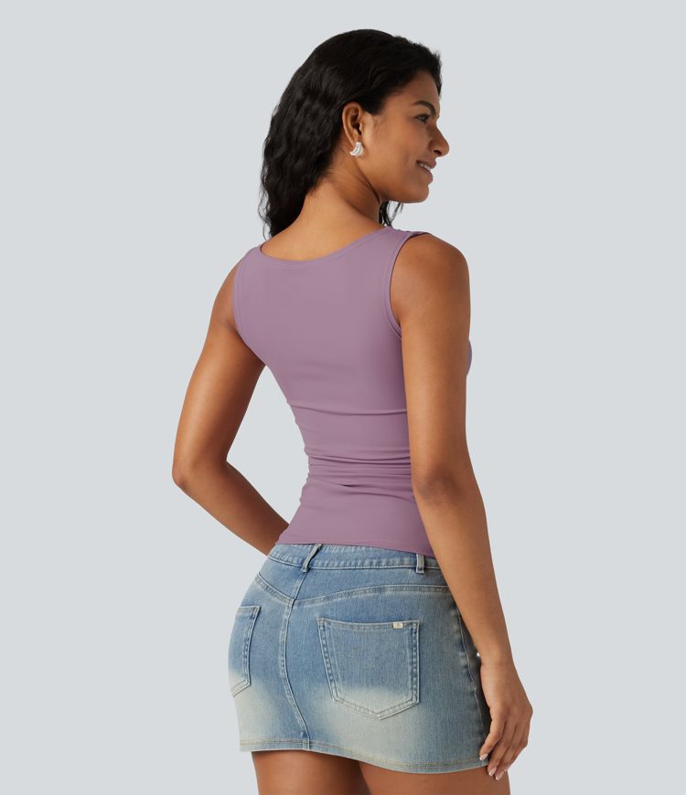 Boat Neck Ruched Casual Tank Top