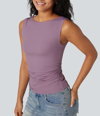 Boat Neck Ruched Casual Tank Top