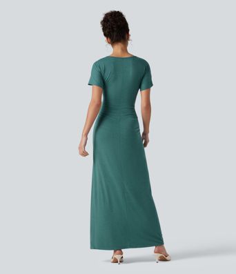 V-neck Batwing Sleeve Ruched Split Maxi Casual Bodycon Dress