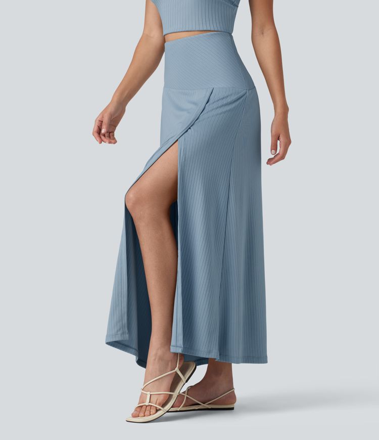 Ribbed Knit High Waisted Tummy Control Maxi Casual Skirt with Pocket