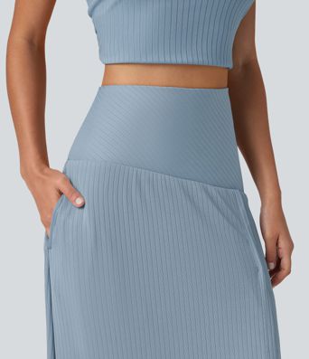 Ribbed Knit High Waisted Tummy Control Maxi Casual Skirt with Pocket