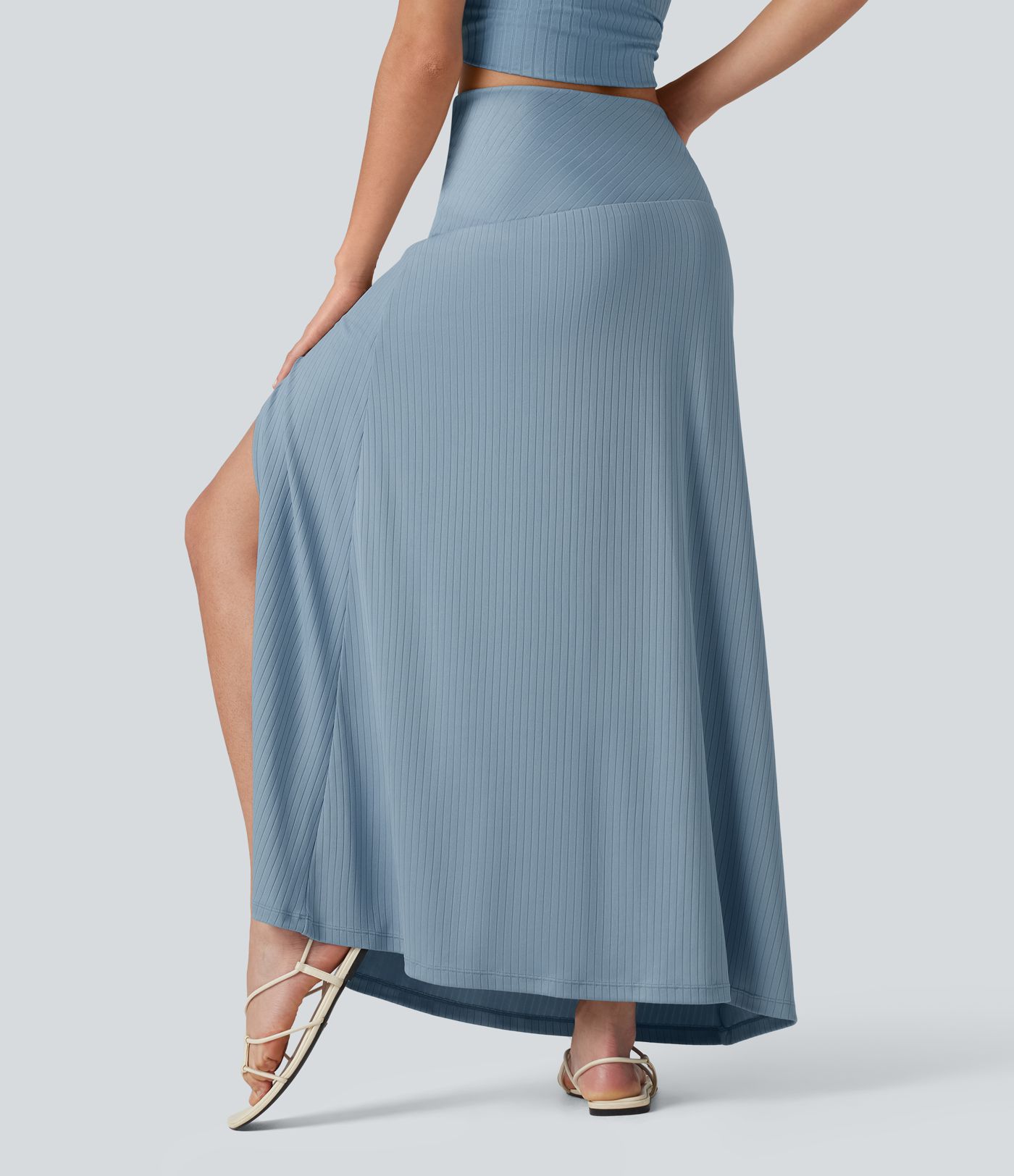 Ribbed Knit High Waisted Tummy Control Maxi Casual Skirt with Pocket