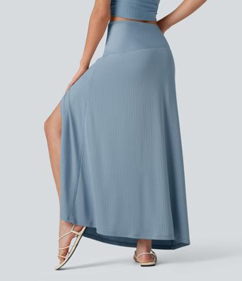 Ribbed Knit High Waisted Tummy Control Maxi Casual Skirt with Pocket
