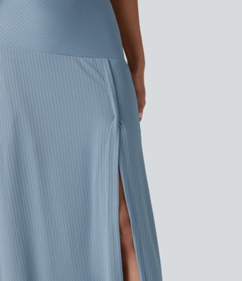 Ribbed Knit High Waisted Tummy Control Maxi Casual Skirt with Pocket