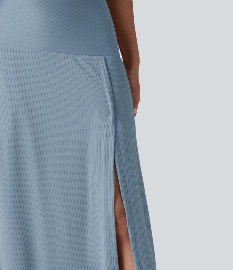 Ribbed Knit High Waisted Tummy Control Maxi Casual Skirt with Pocket