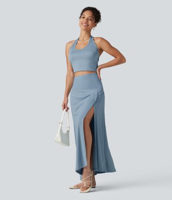 Ribbed Knit High Waisted Tummy Control Maxi Casual Skirt with Pocket