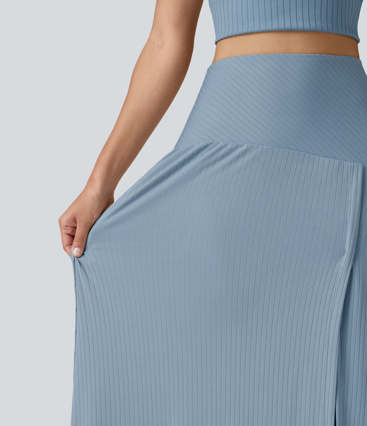Ribbed Knit High Waisted Tummy Control Maxi Casual Skirt with Pocket