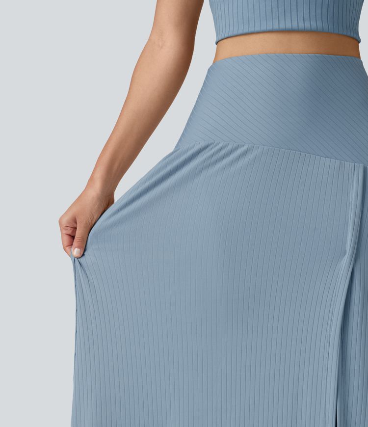 Ribbed Knit High Waisted Tummy Control Maxi Casual Skirt with Pocket