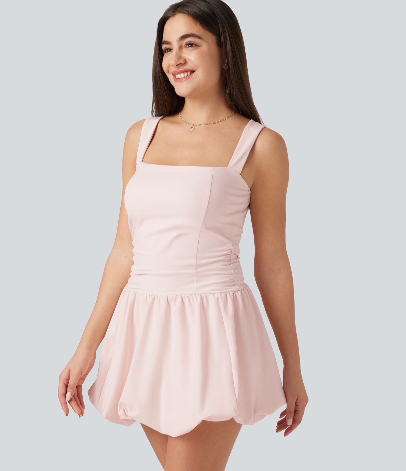 Square Neck Sleeveless Built-in Bra 2-in-1 Mini Dance Active Bubble Dress with Pockets-Easy Peezy Edition