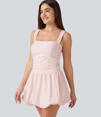 Square Neck Sleeveless Built-in Bra 2-in-1 Mini Dance Active Bubble Dress with Pockets-Easy Peezy Edition
