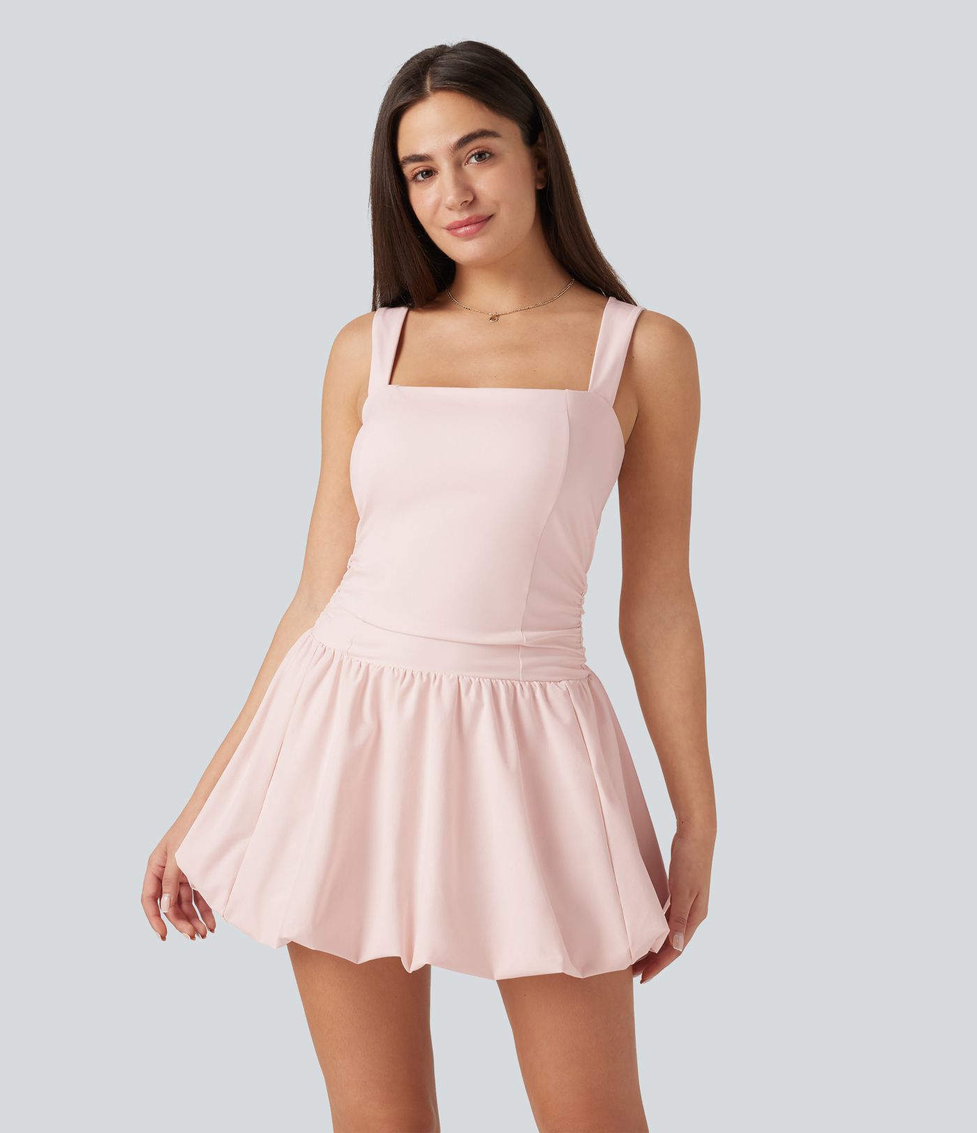 Square Neck Sleeveless Built-in Bra 2-in-1 Mini Dance Active Bubble Dress with Pockets-Easy Peezy Edition