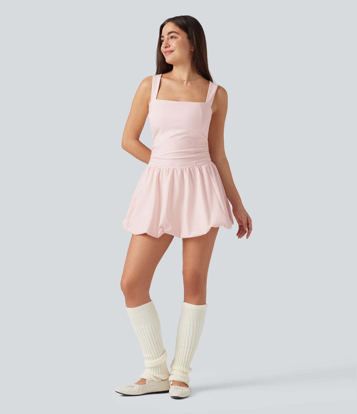 Square Neck Sleeveless Built-in Bra 2-in-1 Mini Dance Active Bubble Dress with Pockets-Easy Peezy Edition