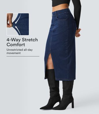 Halara Flex™ Midi-Jeansrock aus elastischem Strick-Denim mit hohem Bund und mehreren Taschen