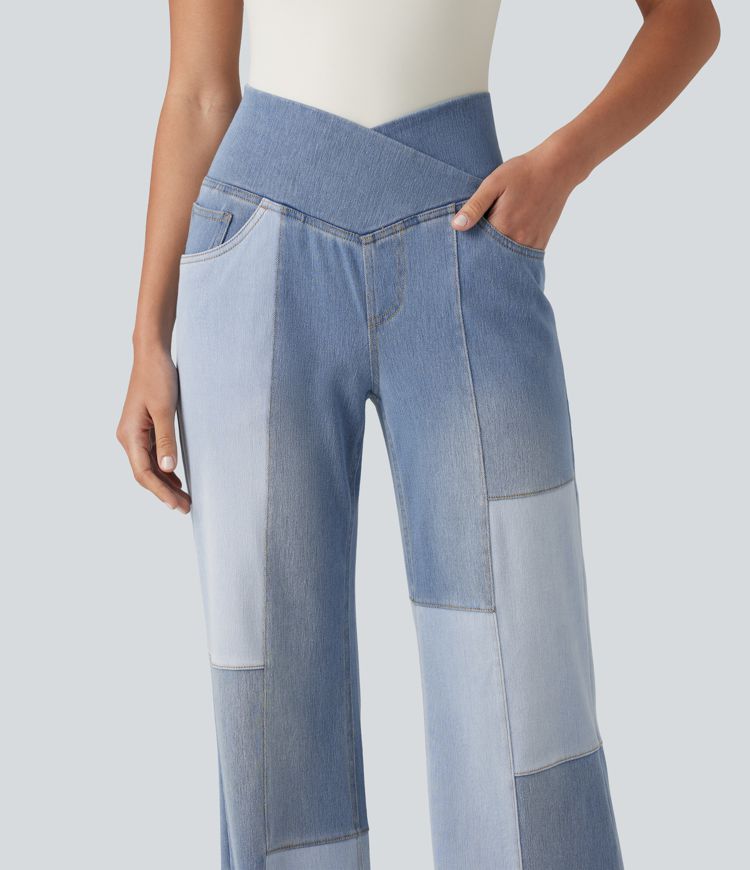 Halara Flex™ High Waisted Crossover Tummy Control Patched Bootcut Casual Jeans with Pockets