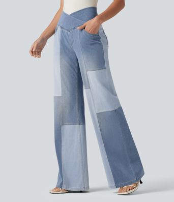 Halara Flex™ High Waisted Crossover Tummy Control Patched Bootcut Casual Jeans with Pockets Halara Flex™ High Waisted Crossover Tummy Control Patched Bootcut Casual Jeans with Pockets