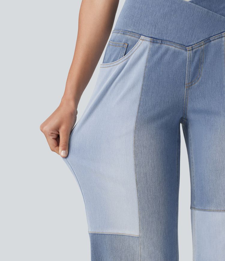 Halara Flex™ High Waisted Crossover Tummy Control Patched Bootcut Casual Jeans with Pockets