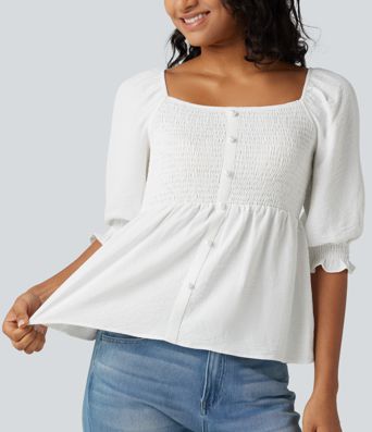 Square Neck Puff Half Sleeve Shirred Casual Babydoll Blouse