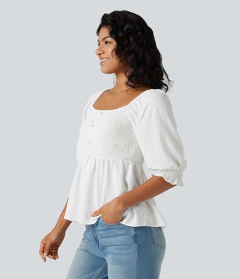 Square Neck Puff Half Sleeve Shirred Casual Babydoll Blouse