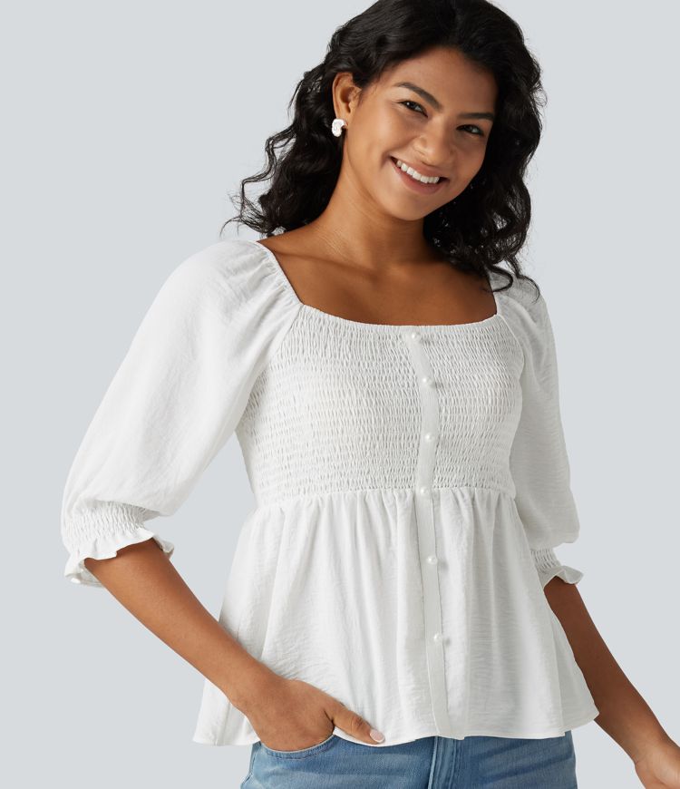 Square Neck Puff Half Sleeve Shirred Casual Babydoll Blouse