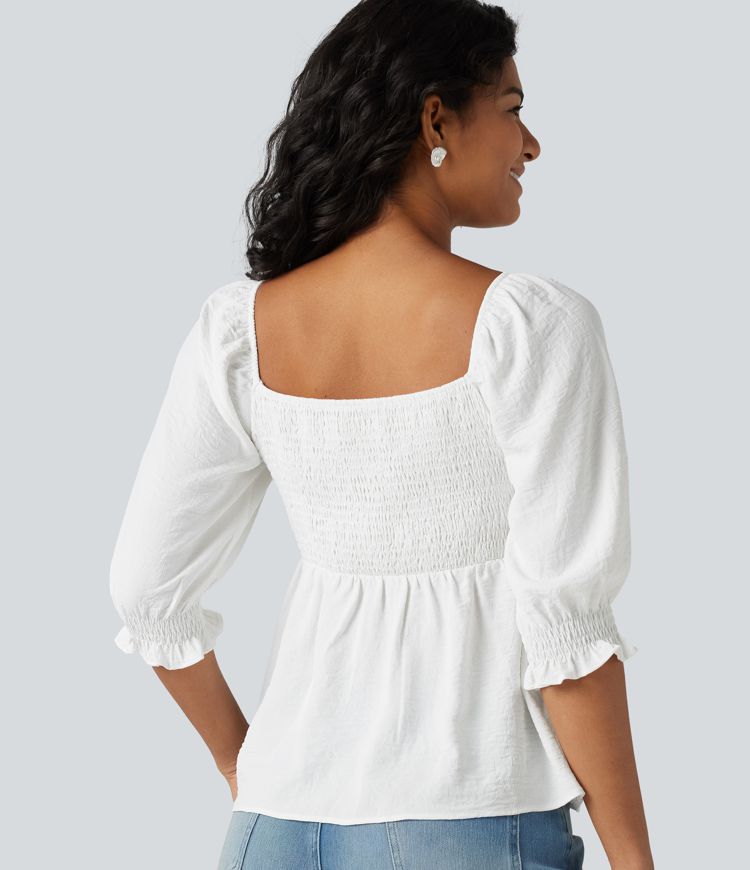 Square Neck Puff Half Sleeve Shirred Casual Babydoll Blouse