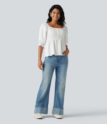 Square Neck Puff Half Sleeve Shirred Casual Babydoll Blouse