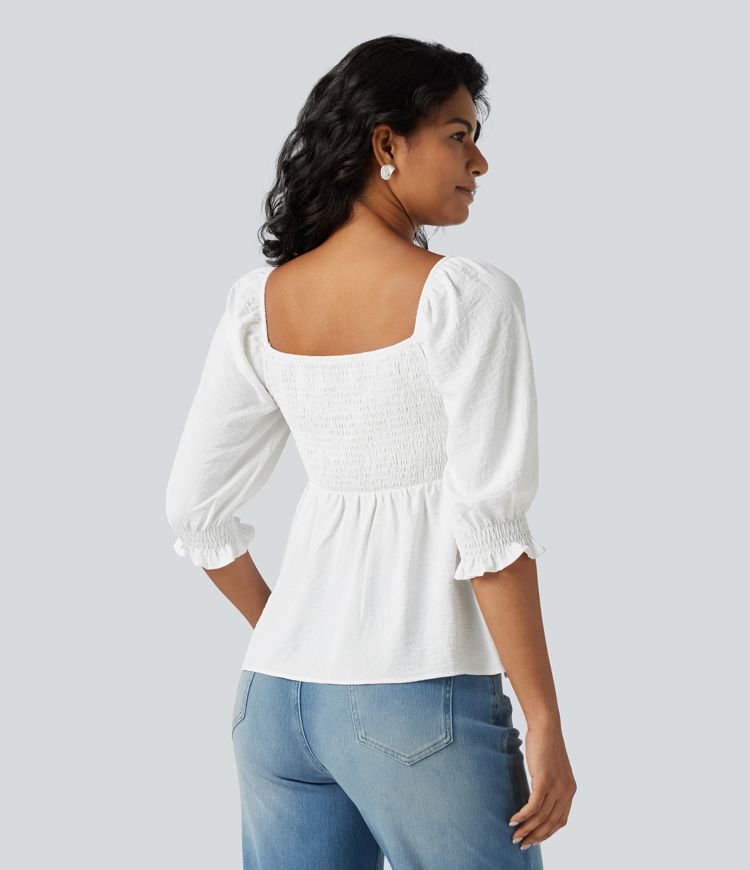 Square Neck Puff Half Sleeve Shirred Casual Babydoll Blouse