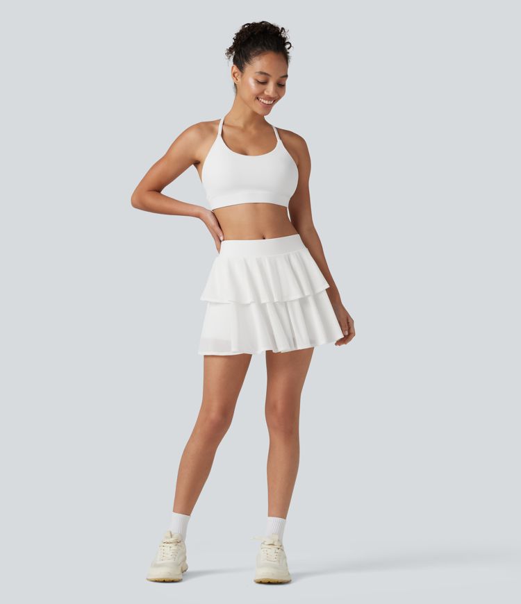 Jupe de tennis micro à étages 2-en-1 en mesh respirant, taille mi-haute, avec poches