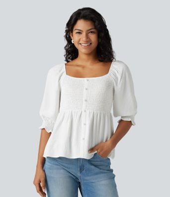 Square Neck Puff Half Sleeve Shirred Casual Babydoll Blouse