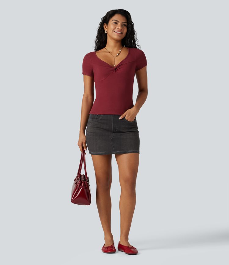 Ribbed Knit Sweetheart Neck Twisted Short Sleeve Casual Top