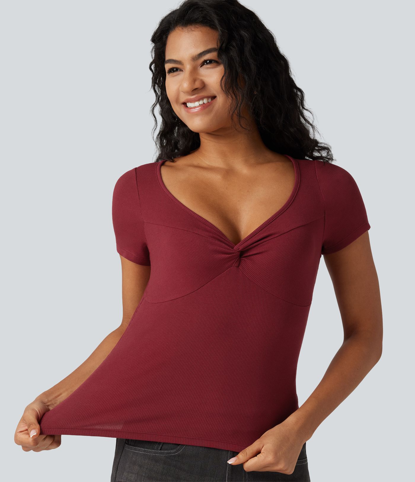 Ribbed Knit Sweetheart Neck Twisted Short Sleeve Casual Top