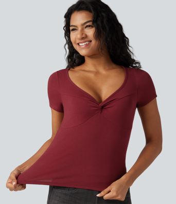 Ribbed Knit Sweetheart Neck Twisted Short Sleeve Casual Top