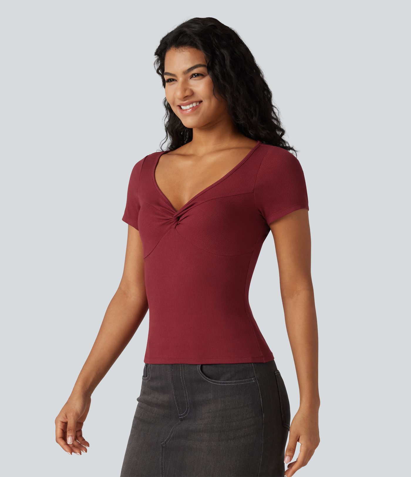 Ribbed Knit Sweetheart Neck Twisted Short Sleeve Casual Top