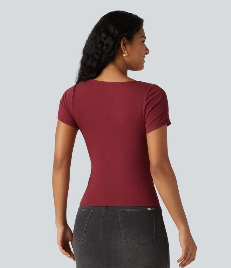 Ribbed Knit Sweetheart Neck Twisted Short Sleeve Casual Top