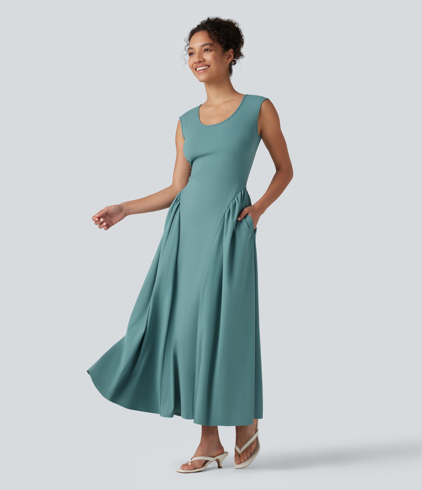 U-Neck Sleeveless Maxi Casual Flowy Dress with Pockets