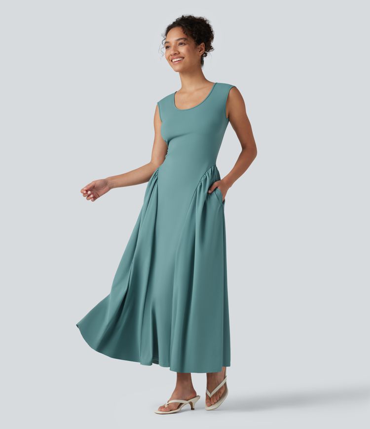 U-Neck Sleeveless Maxi Casual Flowy Dress with Pockets