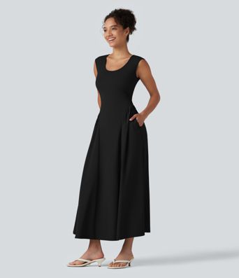 Ärmelloses Maxikleid mit U-Ausschnitt – lässig, fließend, mit Taschen Ärmelloses Maxikleid mit U-Ausschnitt – lässig, fließend, mit Taschen